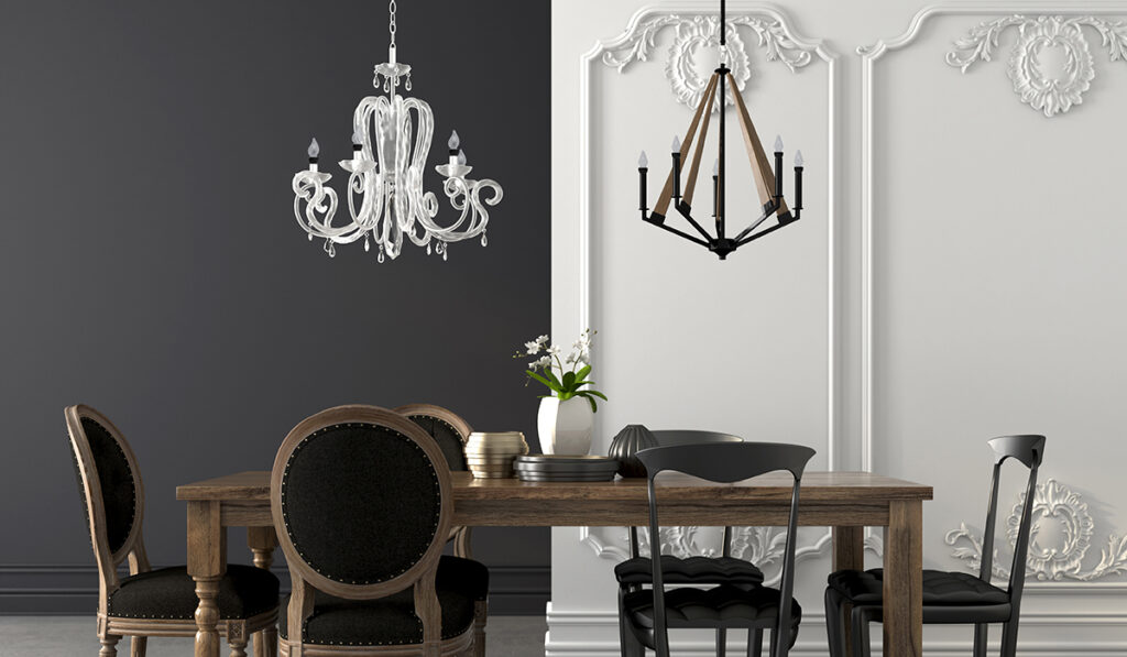 Dining table in two styles on the background of simple gray and classic white wall
