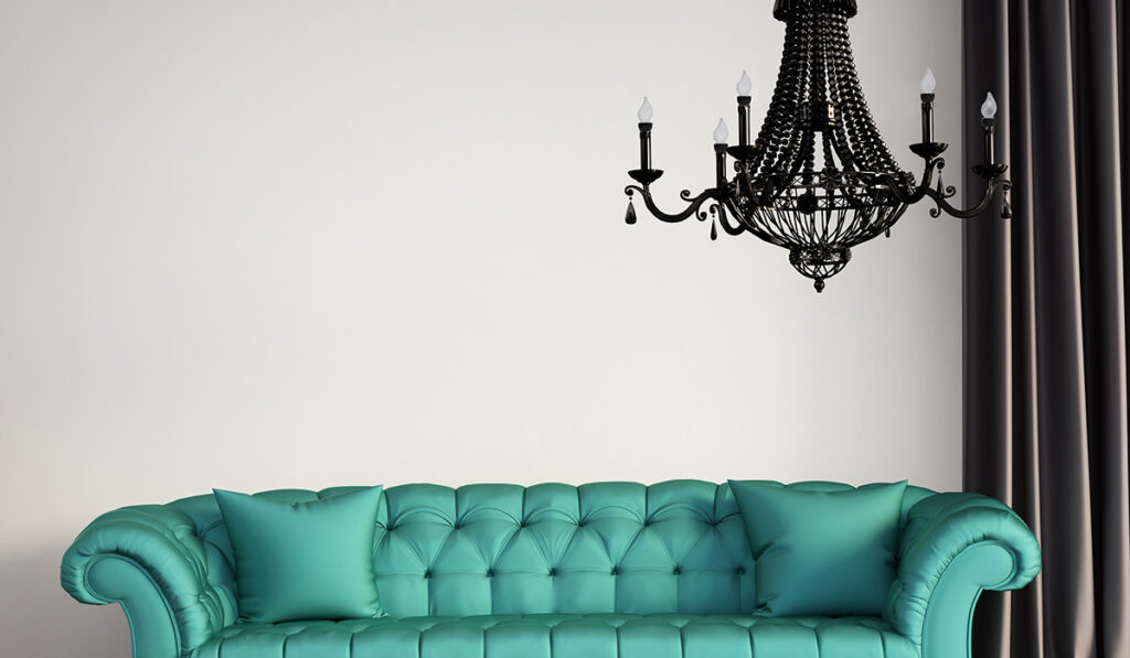3d rendering of a vintage classic elegant living room with green sofa and chandelier