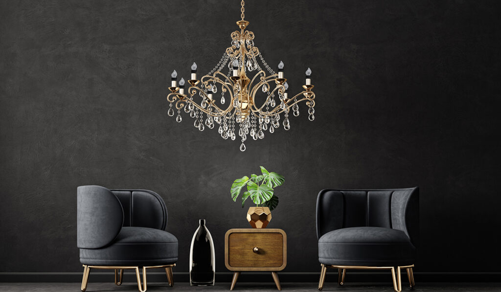 modern living room  with armchair and golden chandelier. scandinavian interior design furniture. 3d render illustration