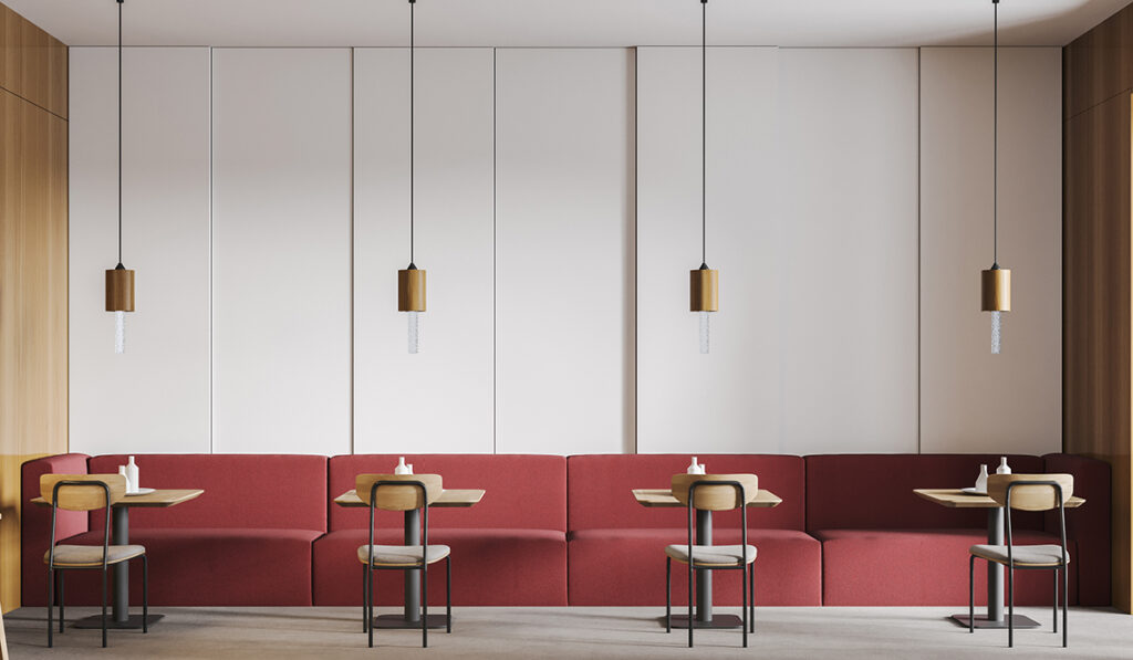 Wooden and red cafe with chairs and table, red sofa. Seats in open space restaurant, wooden minimalist furniture with lamps, 3D rendering no people