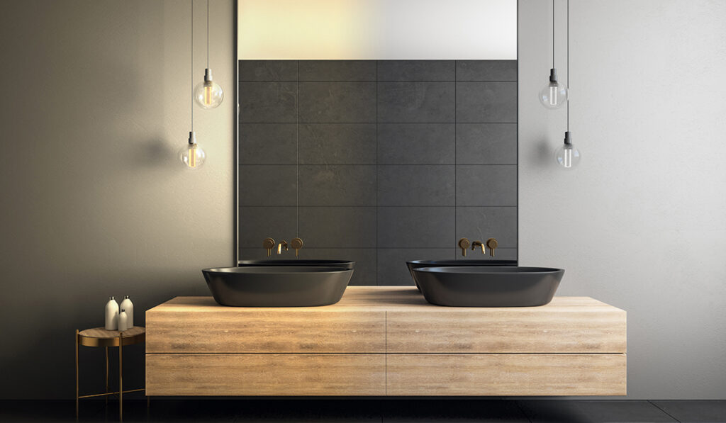 Contemporary concrete bathroom interior with mirror and sinks. Design concept. 3D Rendering